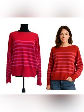 Buffalo David Bitton Women's Red and Pink Striped Boatneck long sleeve Sweater